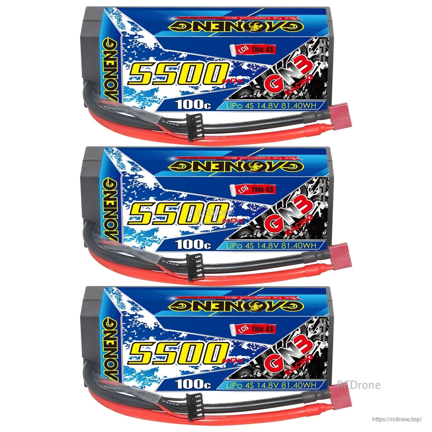 Three GNB Racing 5500mAh 4S 100C hard case LiPo batteries stacked, top view with connectors
