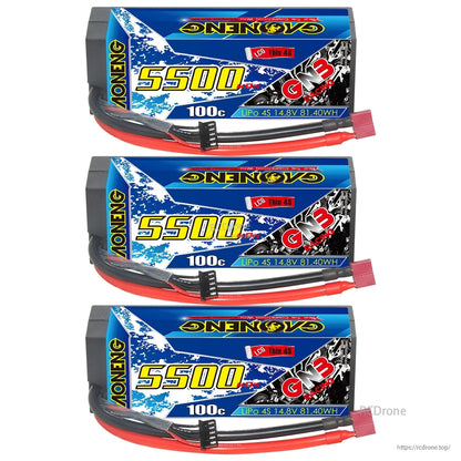 Three GNB Racing 5500mAh 4S 100C hard case LiPo batteries stacked, top view with connectors