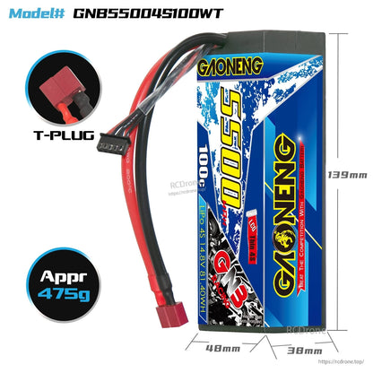 Battery dimensions and T-plug connector detail for GNB55004S100WT, approx weight 475g