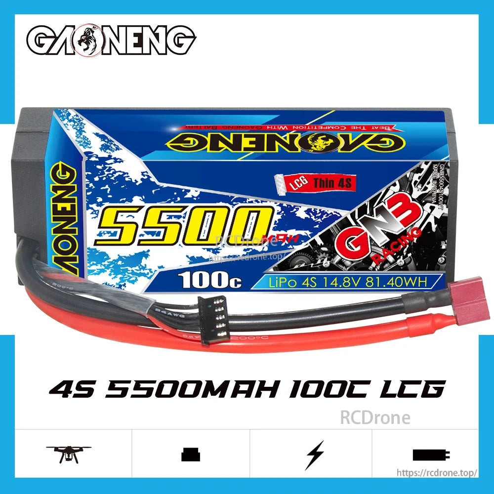 GNB Racing 4S 5500mAh 100C LCG hard case LiPo battery label showing 14.8V and 81.40Wh