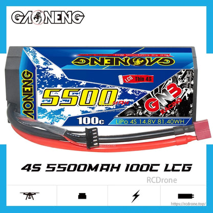 GNB Racing 4S 5500mAh 100C LCG hard case LiPo battery label showing 14.8V and 81.40Wh