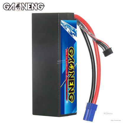 Side profile of GAONENG hard case battery showing plain black casing edge and attached leads