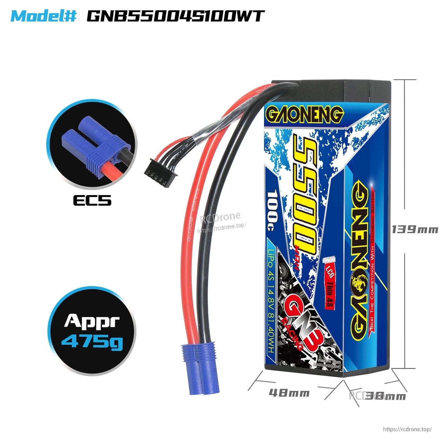Battery dimensions diagram with EC5 connector and approximate 475g weight for GNB55004S100WT