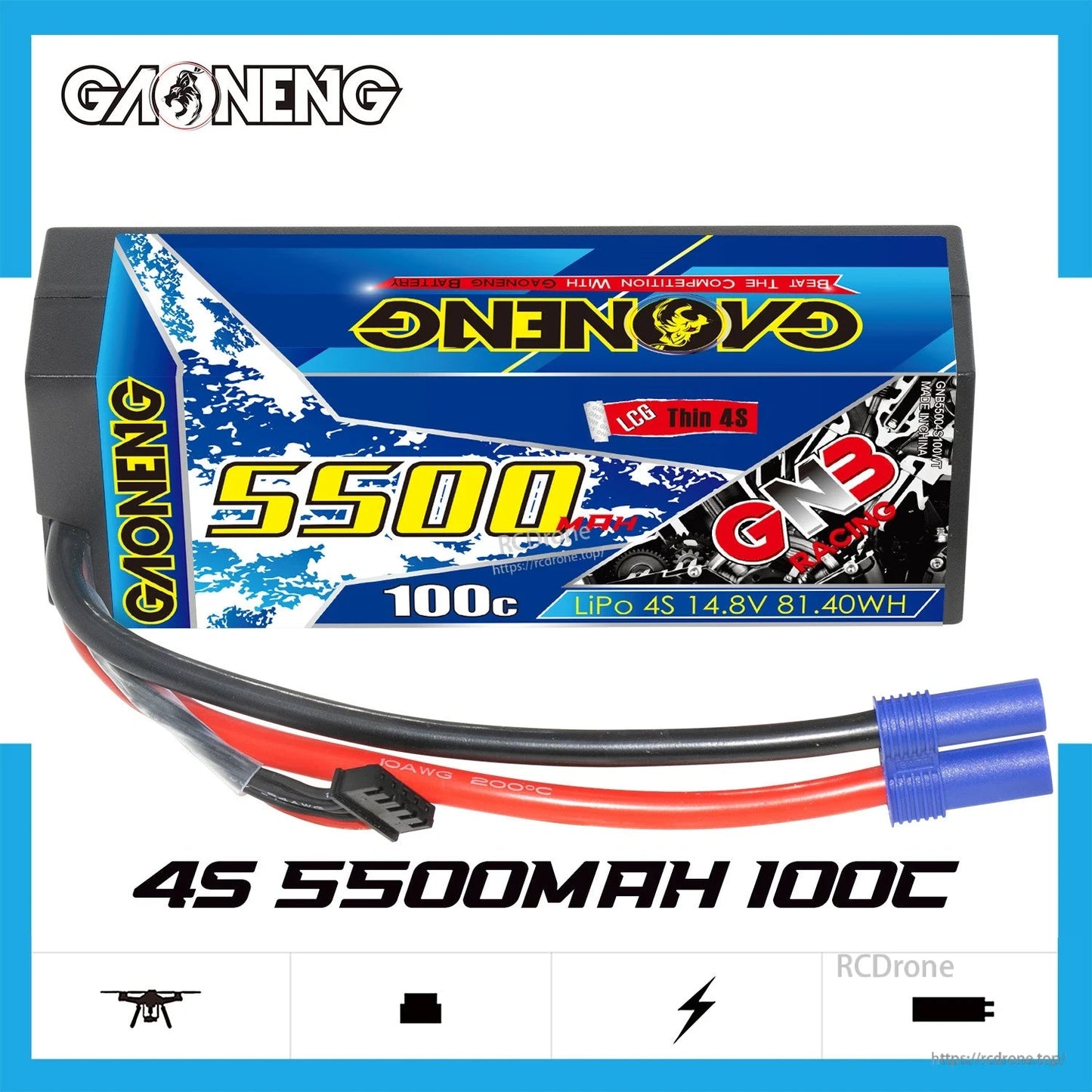 GAONENG GNB 4S 5500mAh 100C LCG hard case LiPo battery top label view with leads and connectors