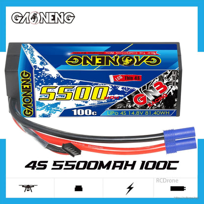 GAONENG GNB 4S 5500mAh 100C LCG hard case LiPo battery top label view with leads and connectors