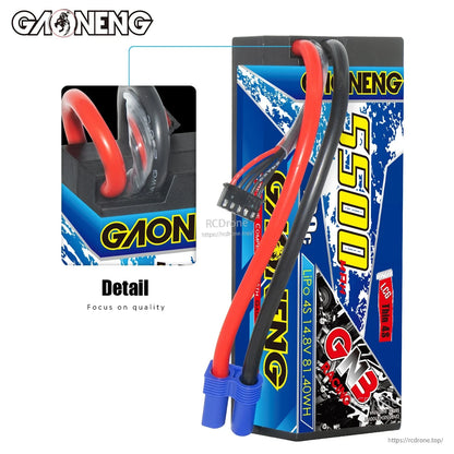 Close-up detail of wire exit and strain relief on GAONENG hard case LiPo with EC5 plug