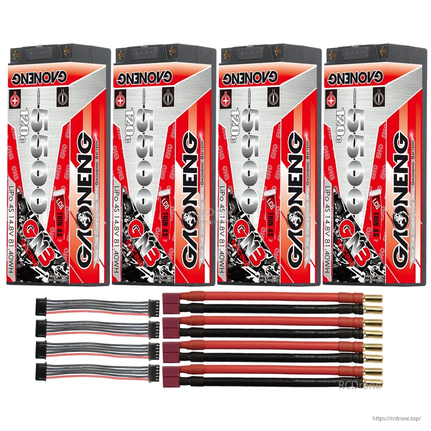 Four-pack with red T-style power plug leads, 5mm bullet ends, and four balance connectors