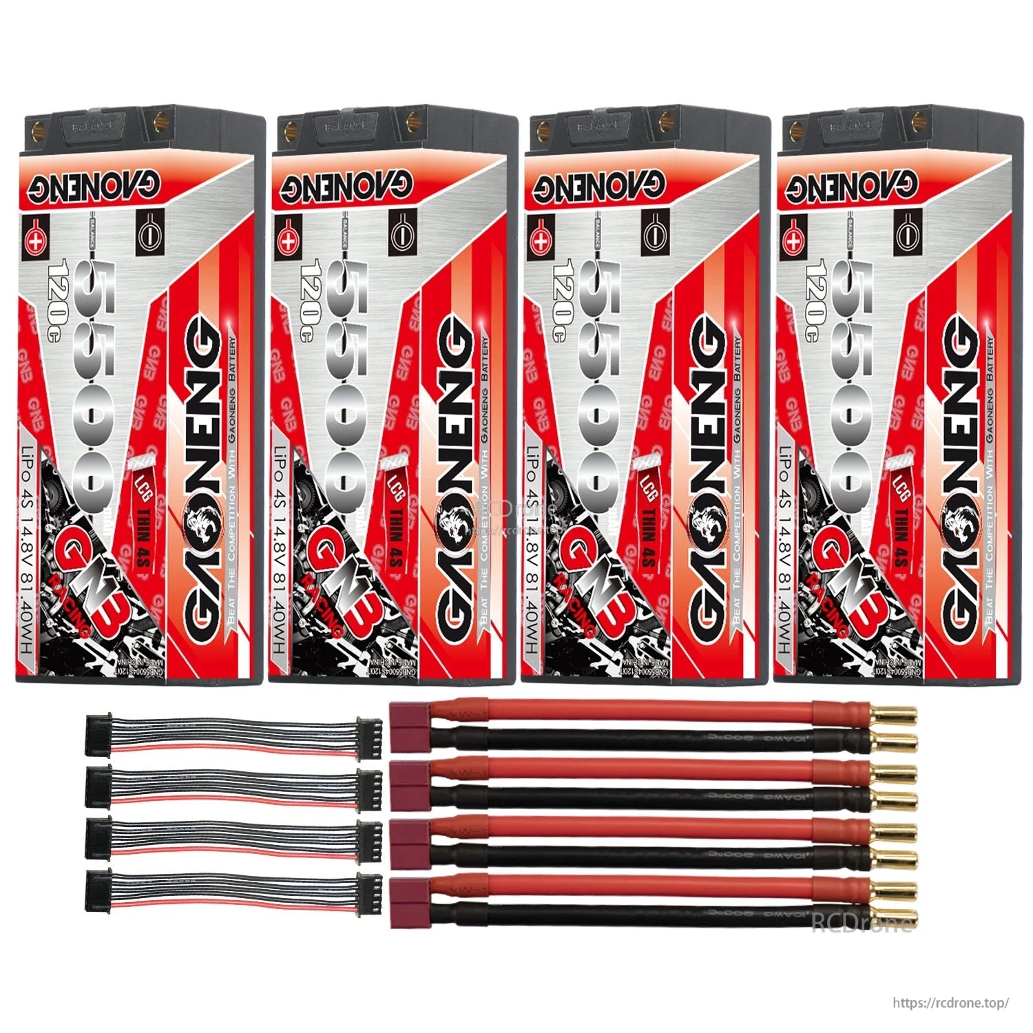 Four-pack with red T-style power plug leads, 5mm bullet ends, and four balance connectors