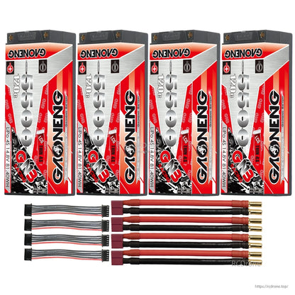 Four-pack with red T-style power plug leads, 5mm bullet ends, and four balance connectors