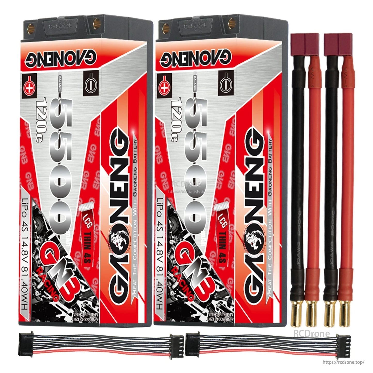 Two-pack with red T-style power plug leads, 5mm bullet ends, and two balance connectors