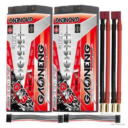 Two-pack with red T-style power plug leads, 5mm bullet ends, and two balance connectors