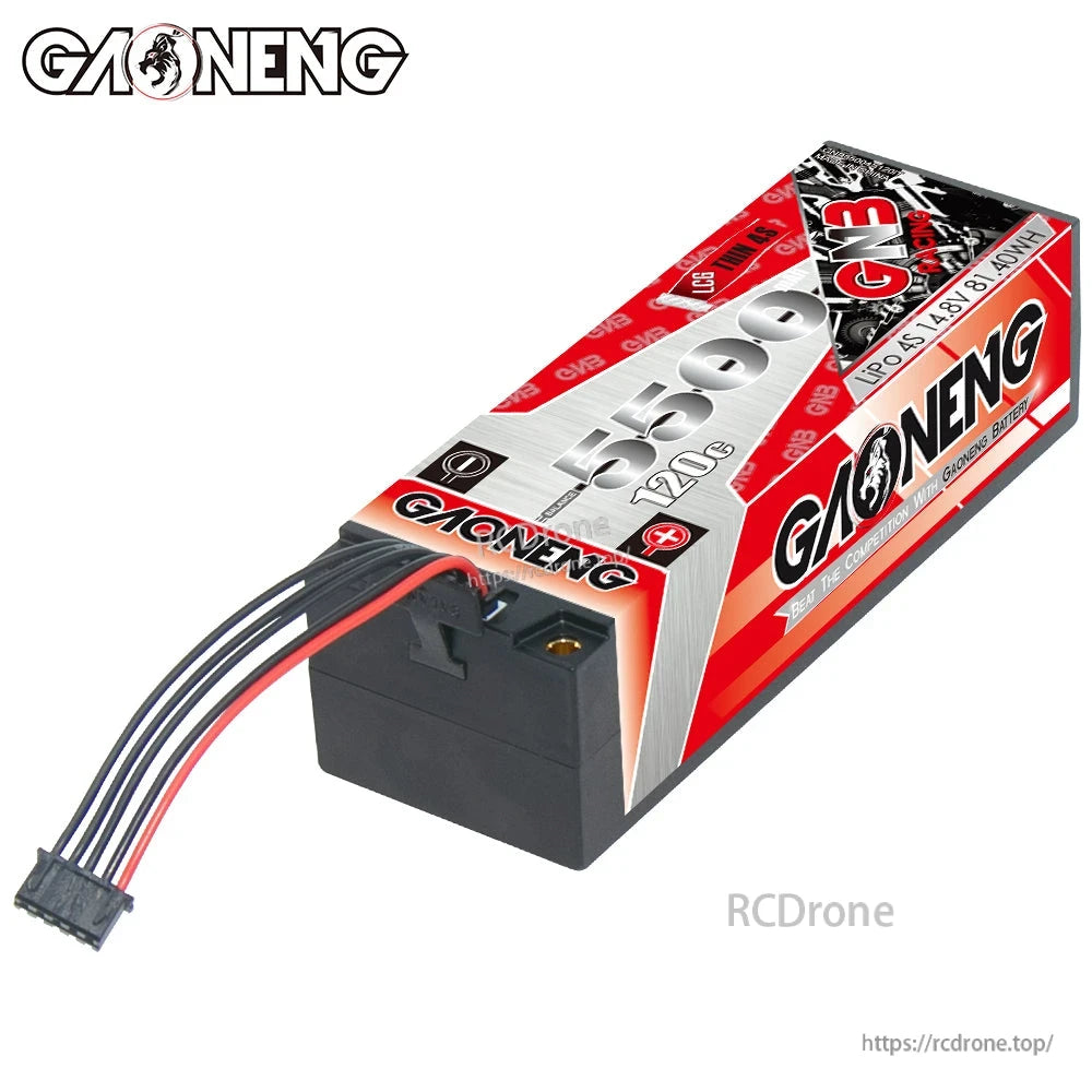Rear/top end view showing built-in balance wire exiting GAONENG GNB thin hard case LiPo battery