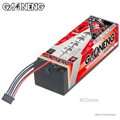 Rear/top end view showing built-in balance wire exiting GAONENG GNB thin hard case LiPo battery