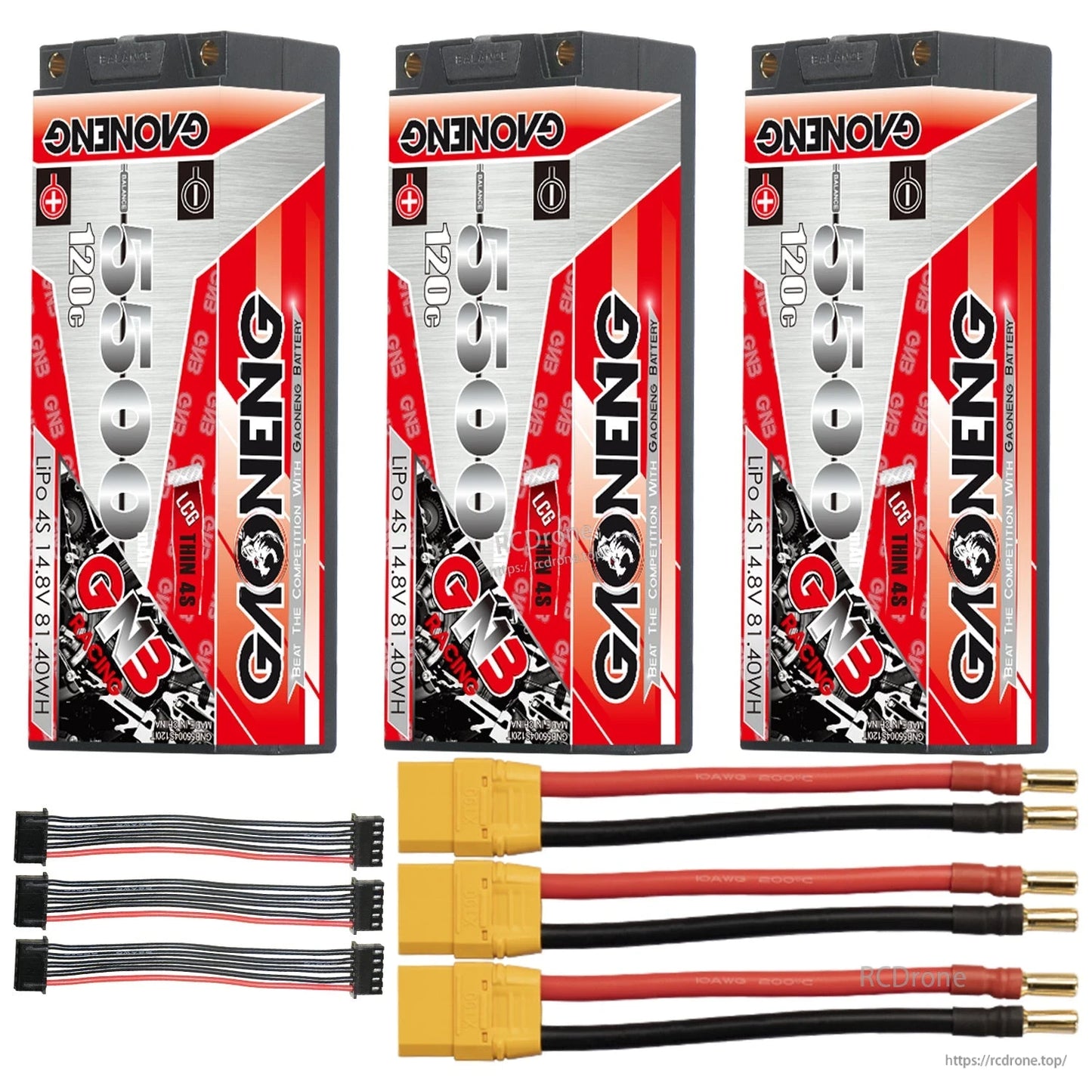 Three-pack layout: 3 GNB 4S hard case LiPo batteries with yellow power leads and three balance leads