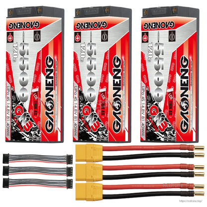 Three-pack layout: 3 GNB 4S hard case LiPo batteries with yellow power leads and three balance leads