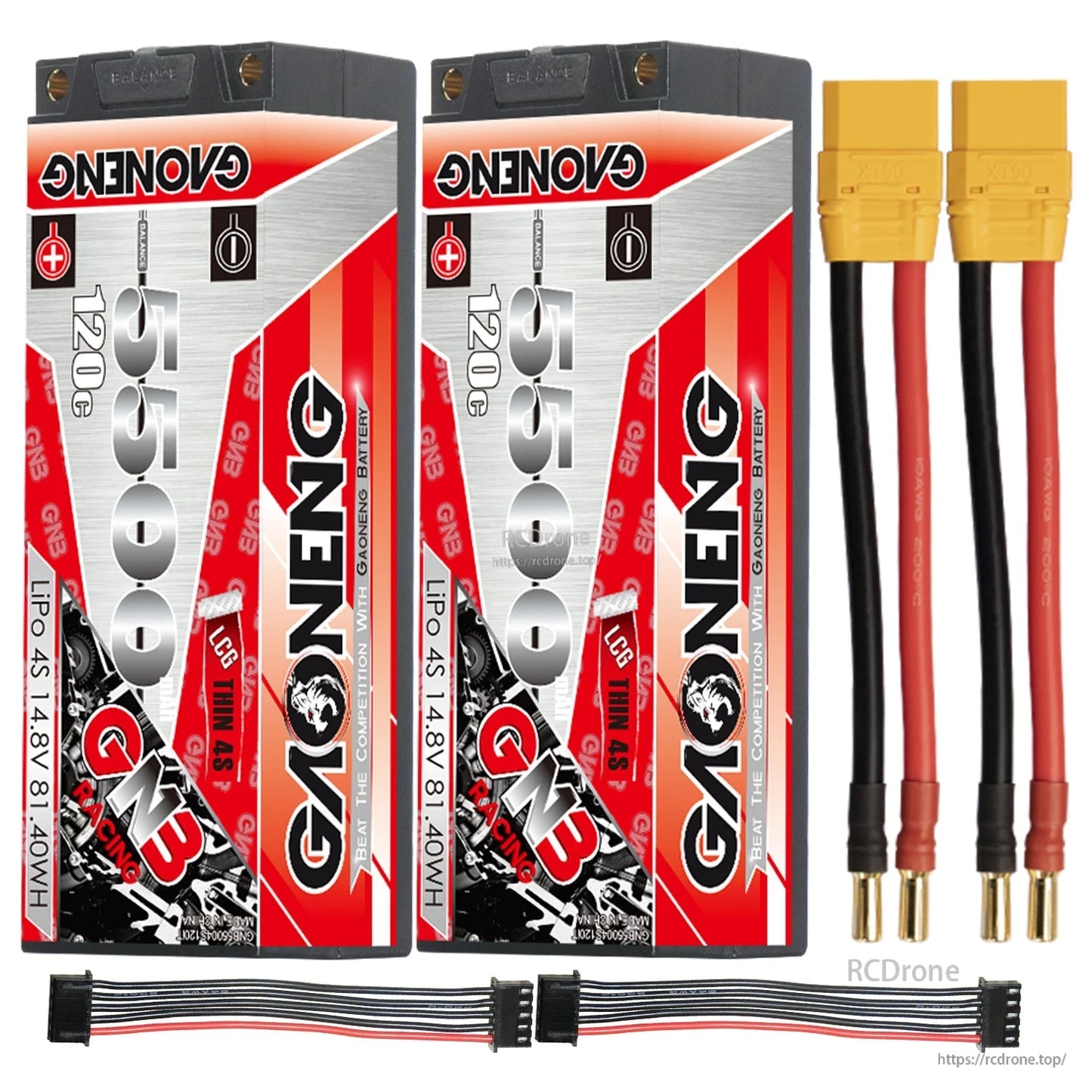 Two-pack layout: 2 GAONENG GNB 4S hard case LiPo batteries with yellow power leads and balance leads