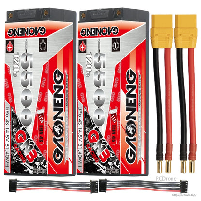 Two-pack layout: 2 GAONENG GNB 4S hard case LiPo batteries with yellow power leads and balance leads