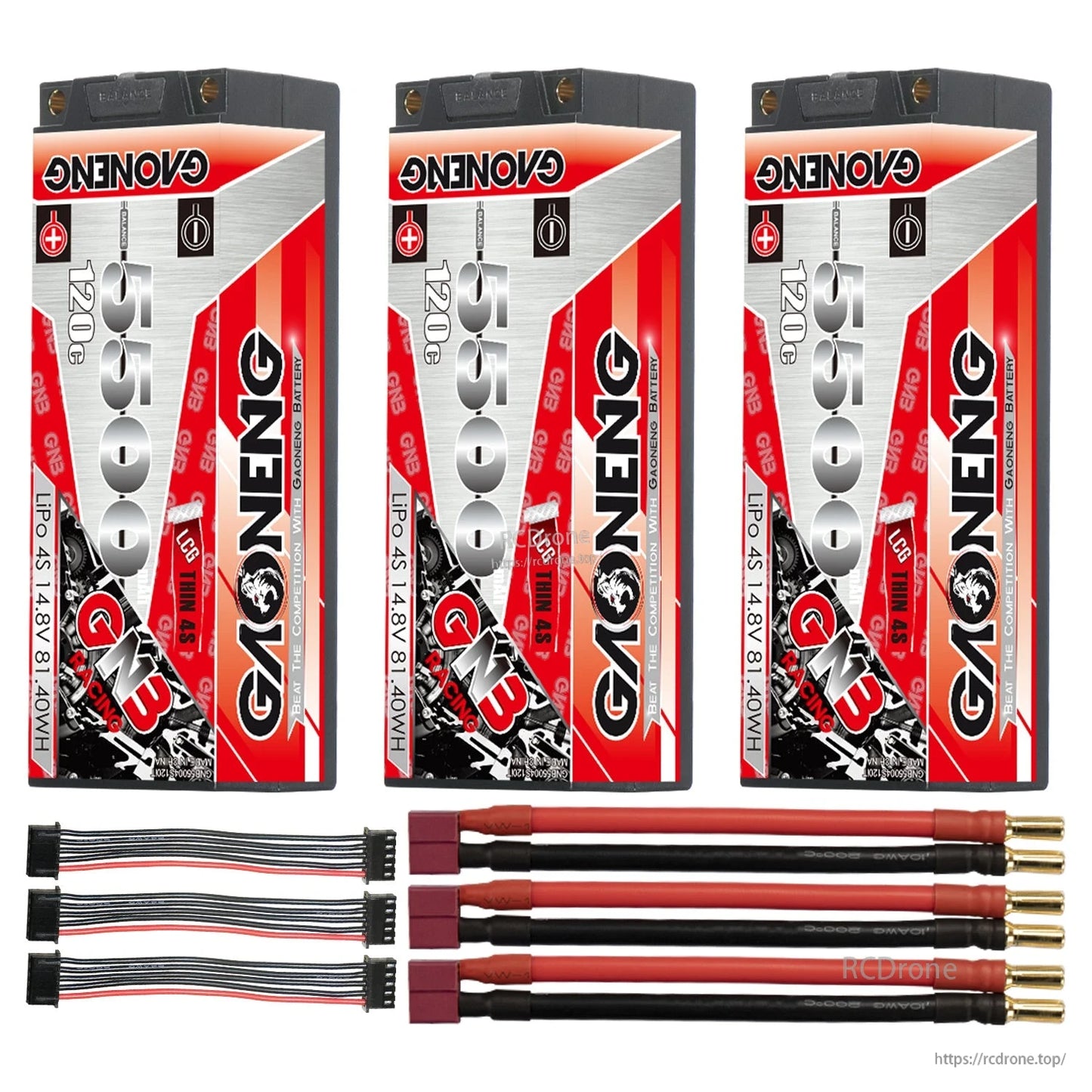 Three-pack with red T-style power plug leads, 5mm bullet ends, and three balance connectors