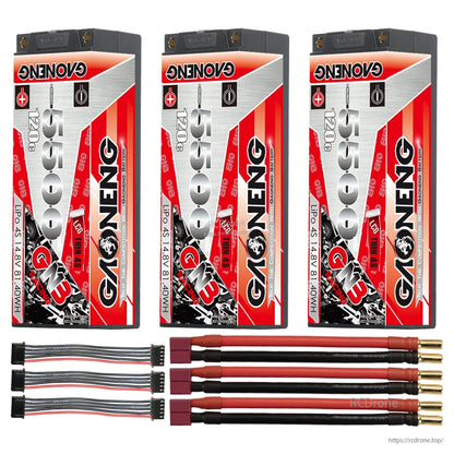 Three-pack with red T-style power plug leads, 5mm bullet ends, and three balance connectors