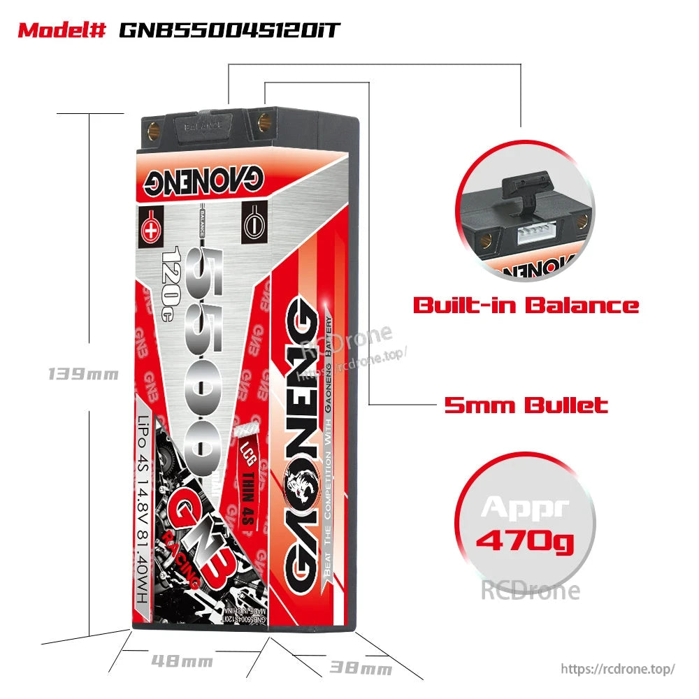 Battery size diagram for GNB55004S120iT with built-in balance lead, 5mm bullet and approx 470g