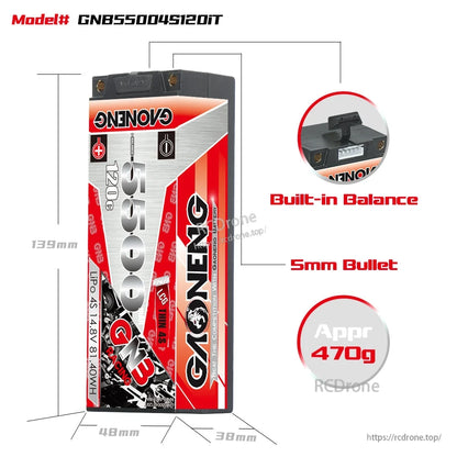 Battery size diagram for GNB55004S120iT with built-in balance lead, 5mm bullet and approx 470g
