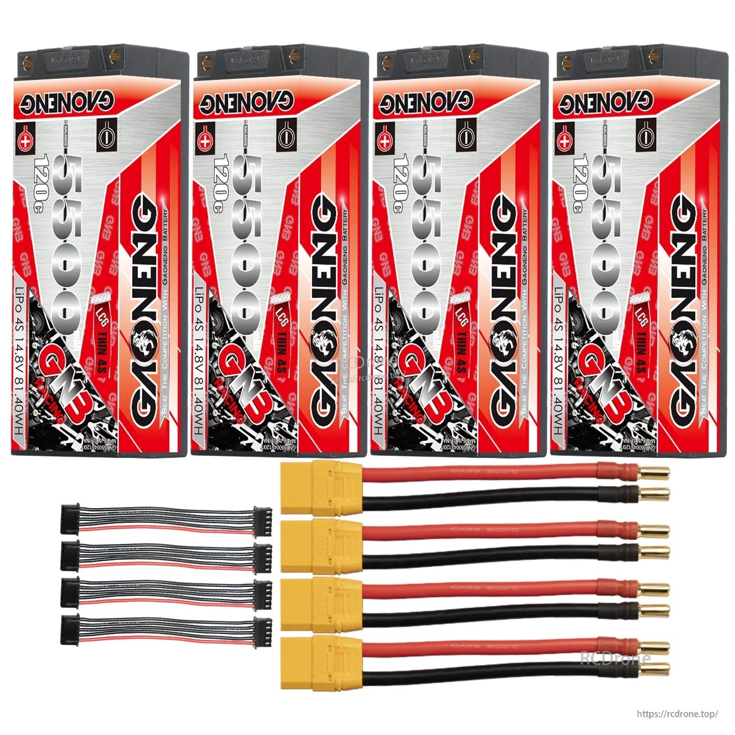 Four-pack layout: 4 GNB 4S hard case LiPo batteries with yellow power leads and four balance leads
