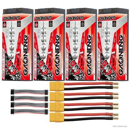 Four-pack layout: 4 GNB 4S hard case LiPo batteries with yellow power leads and four balance leads