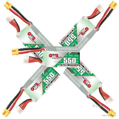 Five GNB 550mAh LiPo batteries arranged in star pattern, showing connectors and balance leads