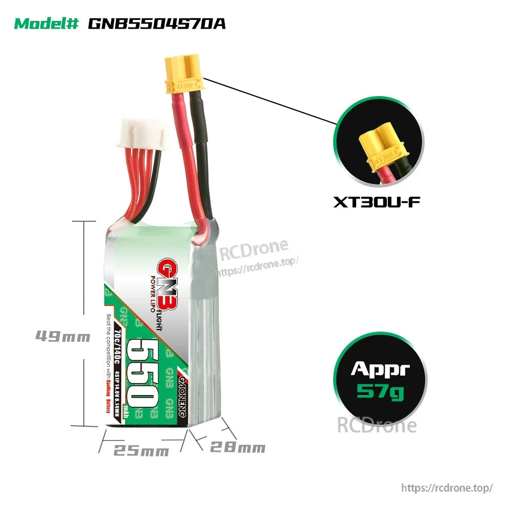 Battery dimensions diagram with XT30U-F connector close-up and approx weight 57g