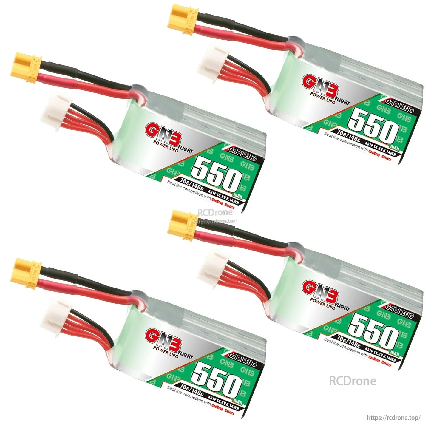 Four GNB 550mAh LiPo batteries arranged in a set, showing labels and XT30 connectors
