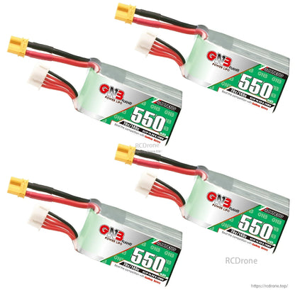 Four GNB 550mAh LiPo batteries arranged in a set, showing labels and XT30 connectors