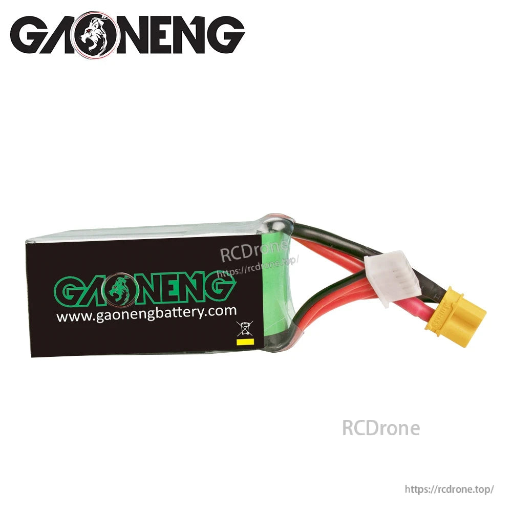 Rear side of GAONENG LiPo battery showing gaonengbattery.com branding and wire exit