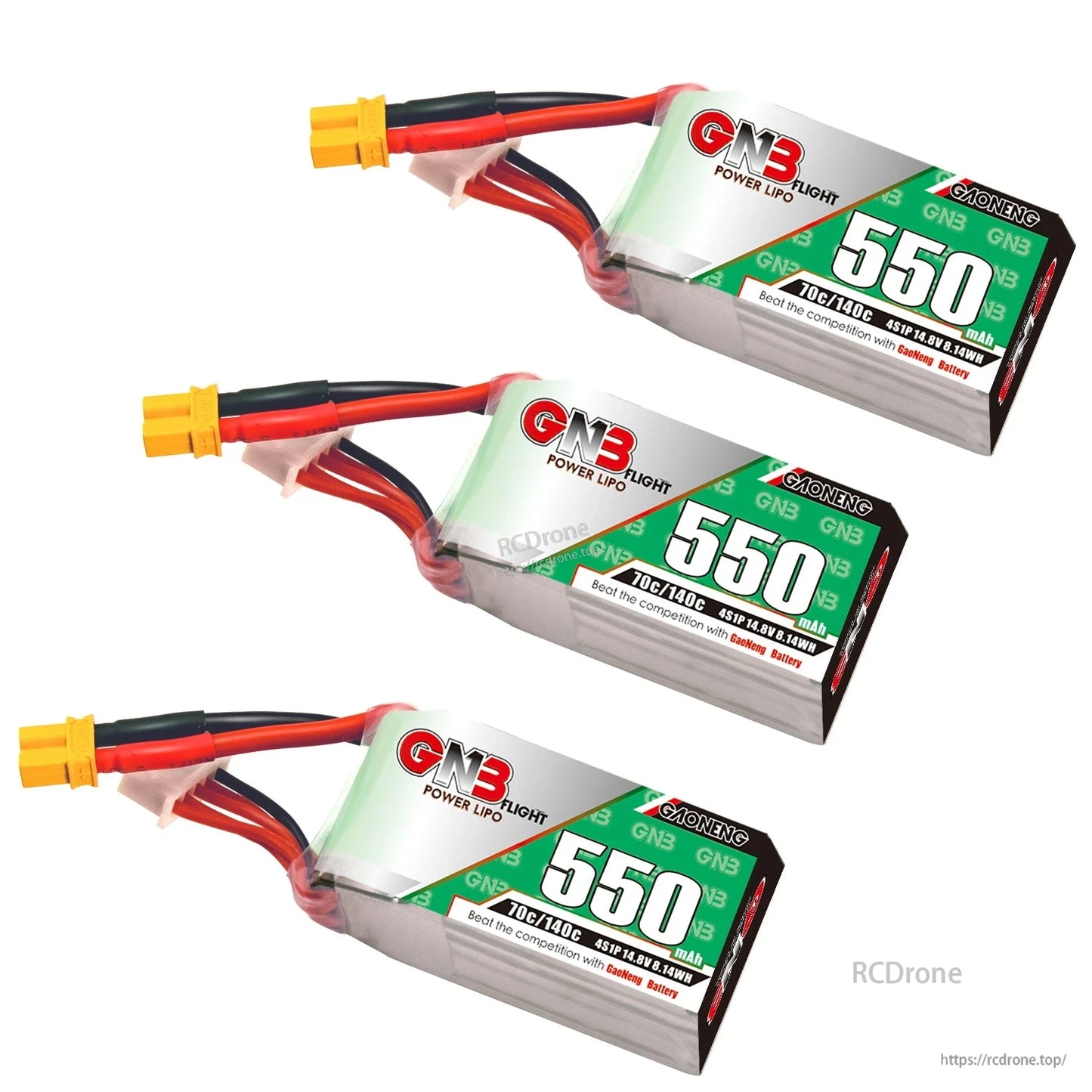 Three GNB 550mAh 4S LiPo batteries shown together, angled product group display