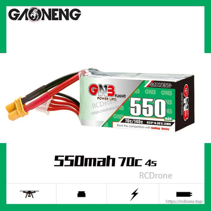 GAONENG GNB 4S 14.8V 550mAh 70C XT30 LiPo Battery promo graphic with 550mAh 70C 4s text