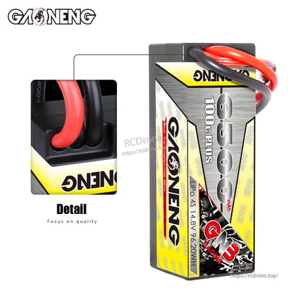 Close-up detail of hard case wire exit and strain relief on GAONENG GNB 6500mAh 4S pack