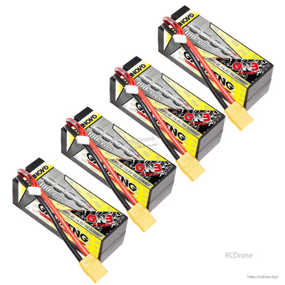 Four GNB 4S 6500mAh hard case LiPo batteries with XT90 leads, stacked lineup