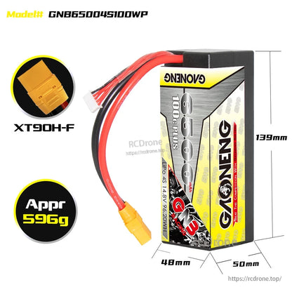 Battery size and connector diagram: model GNB65004S100WP, XT90H-F, approx 596g, 139×50×48mm