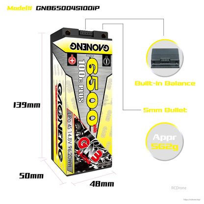 Battery dimensions diagram with built-in balance port, 5mm bullet lead note, and approx weight 562g