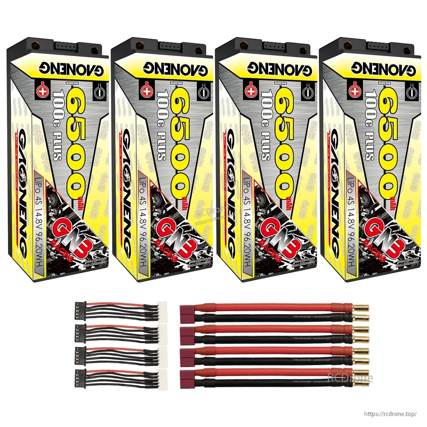 Four batteries bundle with dark red connector leads (5mm bullets) and four balance leads included