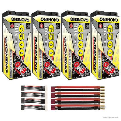 Four batteries bundle with dark red connector leads (5mm bullets) and four balance leads included