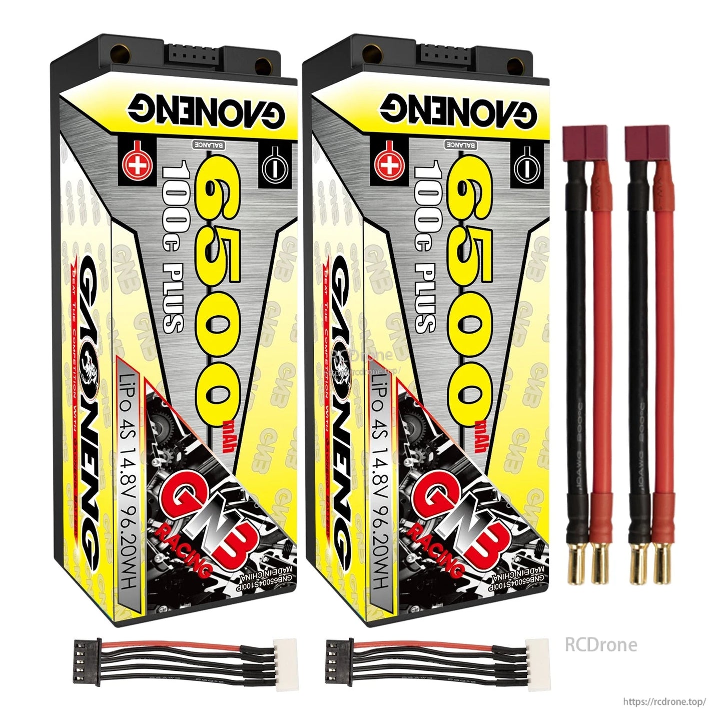 Two batteries bundle with red connector leads (5mm bullets) and two balance leads included