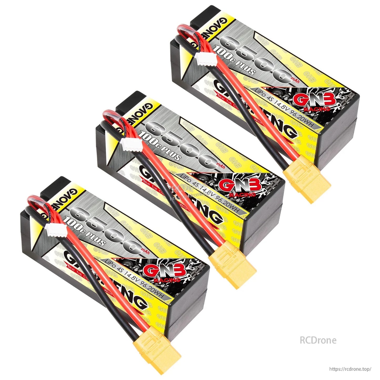 Three GNB 4S 6500mAh hard case LiPo batteries with XT90 connectors, group display