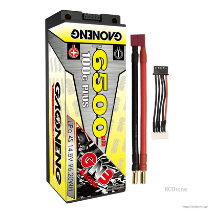 Single hard case battery with red connector lead, 5mm bullet plugs, plus balance lead harness