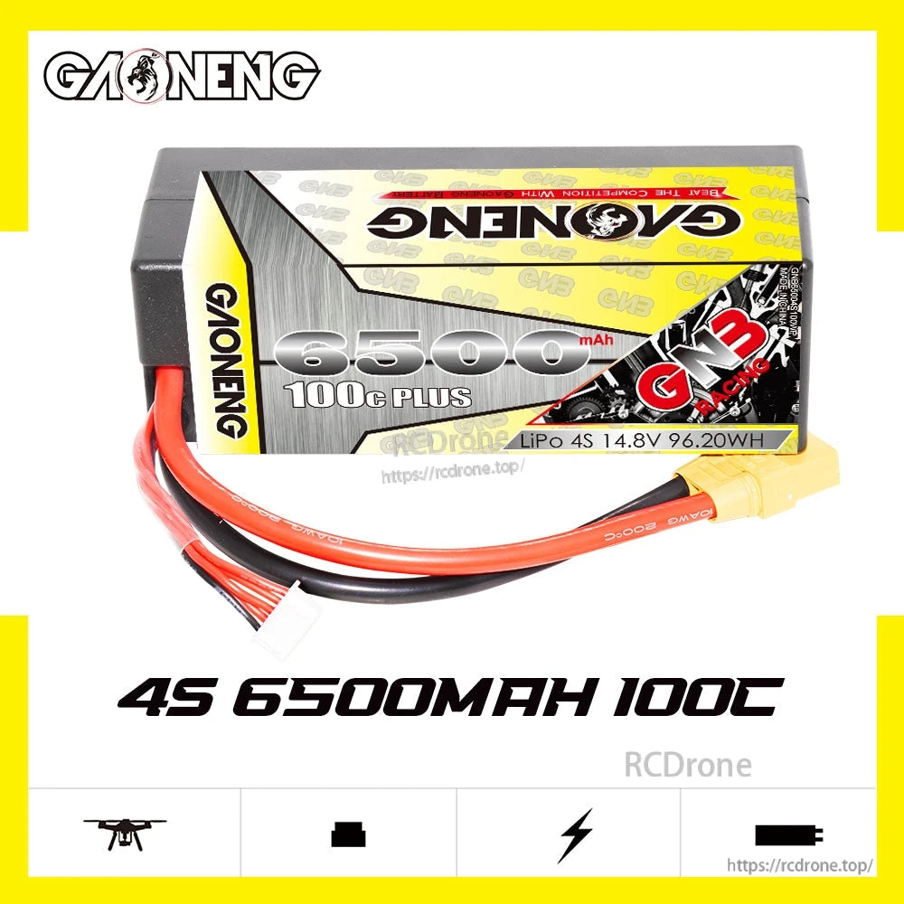 GAONENG GNB 4S 6500mAh 100C LiPo battery product graphic, side view with wired XT90 plug