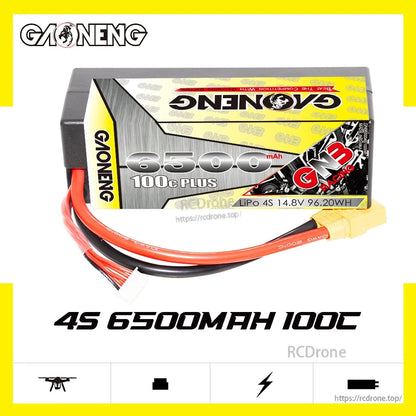 GAONENG GNB 4S 6500mAh 100C LiPo battery product graphic, side view with wired XT90 plug