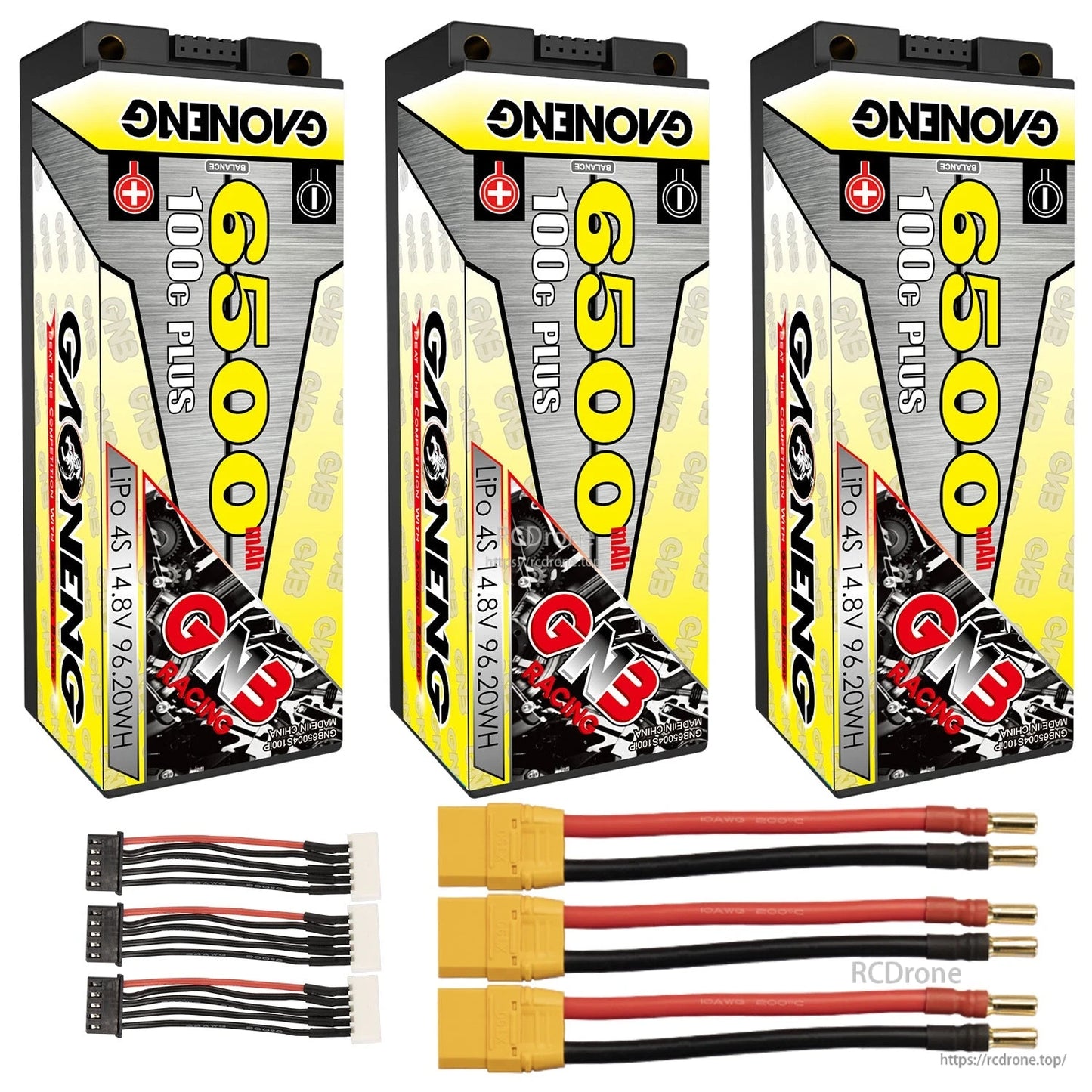 Three batteries bundle with three yellow plug leads (5mm bullets) and three balance leads included