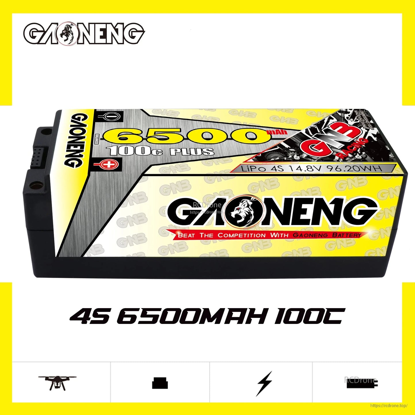 Side view of GAONENG GNB 6500mAh 100C hard case LiPo battery showing label and 4S marking