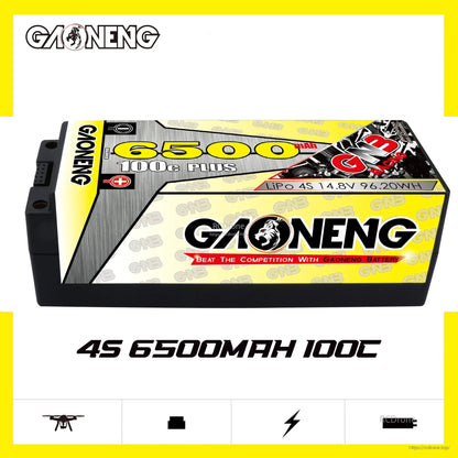 Side view of GAONENG GNB 6500mAh 100C hard case LiPo battery showing label and 4S marking