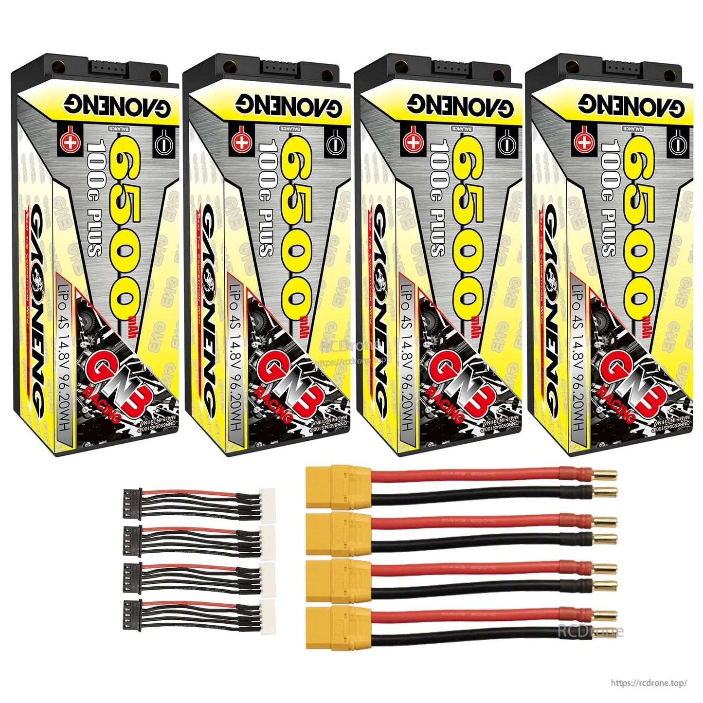 Four batteries bundle with four yellow plug leads (5mm bullets) and four balance leads included