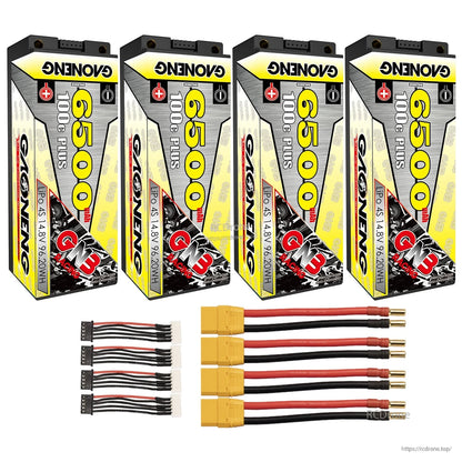 Four batteries bundle with four yellow plug leads (5mm bullets) and four balance leads included